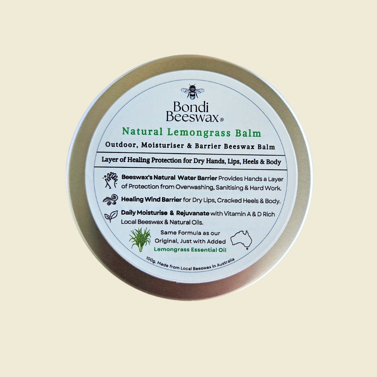 Bondi Beeswax Natural Lemongrass Balm 100g - Outdoor, Moisturiser & Barrier Beeswax Balm